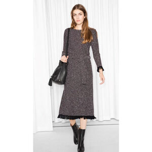 & Other Stories Women's Boucle Long Sleeve Fringe Midi Dress, Dark Red - 8